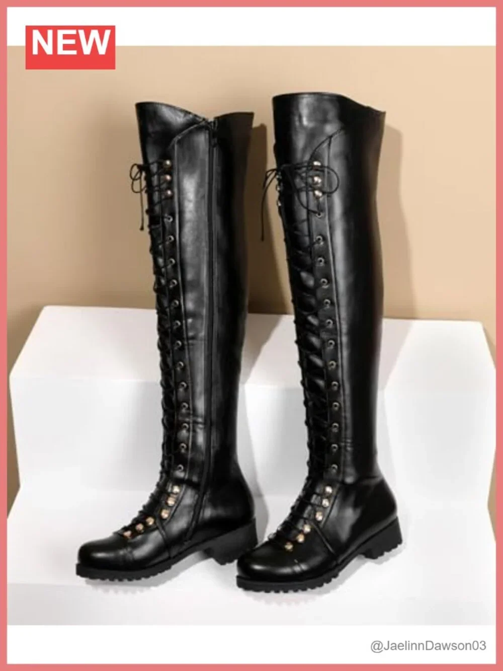 Women's Over the Knee Square Toe Faux Leather Boots Low Heel Side Zipper Lace Up